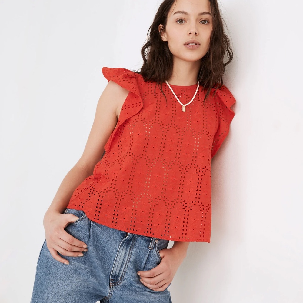 Madewell Eyelet Crewneck Flutter-Sleeve Top